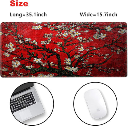 Extended Gaming Mouse Pad XXL  Large Keyboard Mat Long Mousepad Desk Decor Writing Pad Non Slip Rubber Base Stitched Edges for Work, Game, Office, Home, 35.1" X 15.7", Red Van Gogh Painting