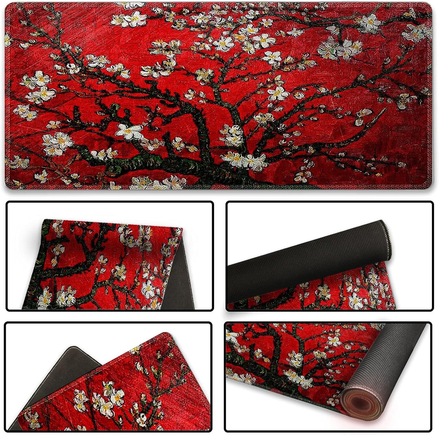 Extended Gaming Mouse Pad XXL  Large Keyboard Mat Long Mousepad Desk Decor Writing Pad Non Slip Rubber Base Stitched Edges for Work, Game, Office, Home, 35.1" X 15.7", Red Van Gogh Painting