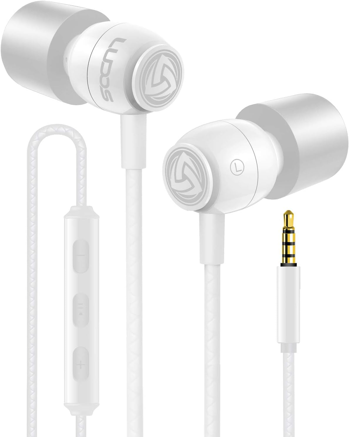 Clamor Wired Earbuds in Ear, Noise Isolating Headphones with Microphone, 3.5Mm Jack Plug, Mic and Volume Control, Memory Foam, Deep Bass, Tangle-Free Cord - Bright White