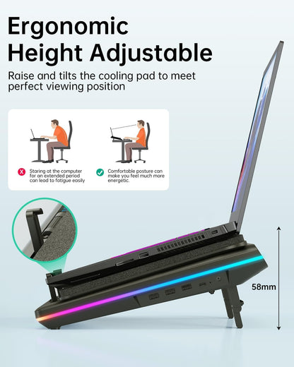 V12 RGB Laptop Cooling Pad, Gaming Laptop Cooler with 5.5 Inch Powerful Turbofan, Fast Cooling Laptop 15.6-21In, Adjustable Speed, Touch Control, LCD Screen, Black (RGB)